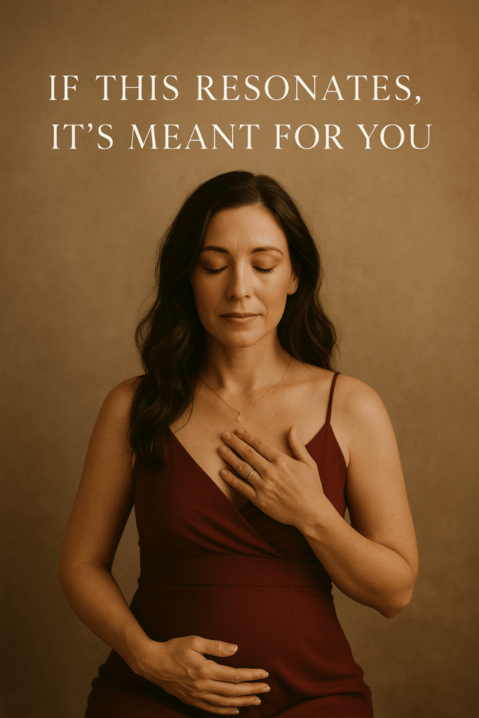 A woman sitting in quiet reflection, hand on heart and womb, embracing her spirit baby connection—fertility over 40 healing journey.